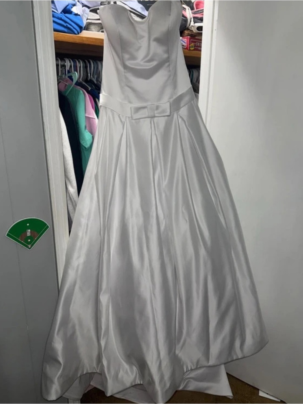 Womens White Satin Strapless Ball Gown Dress with Bow Waist